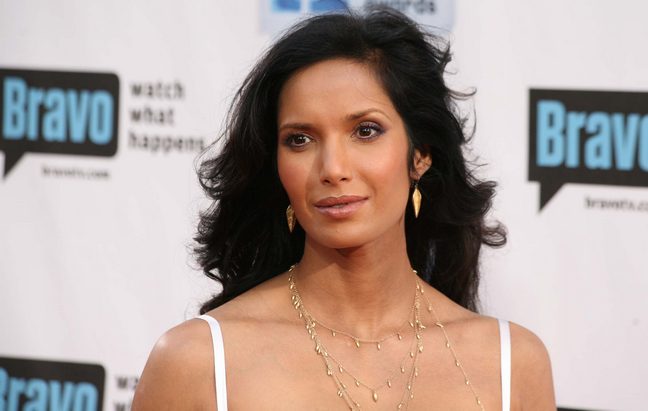 Padma Lakshmi white spaghetti strap dress